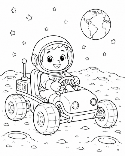 Ausmalbild: Der Astronaut im Mondauto