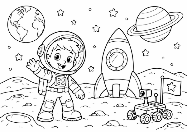 Ausmalbild: Der kleine Astronaut und seine Rakete