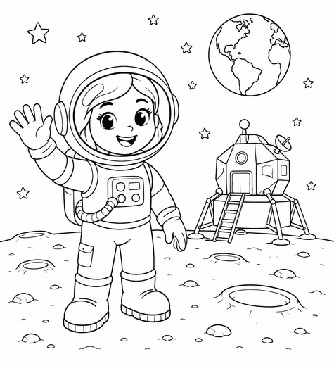 Ausmalbild: Die Astronautin auf dem Mond