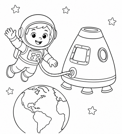Ausmalbild: Die Astronautin im Weltall