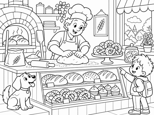 Ausmalbild: In der Bäckerei