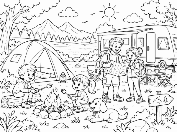 Ausmalbild: Camping im Grünen