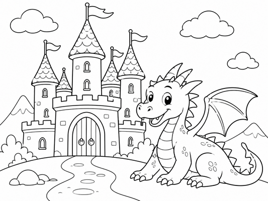 Ausmalbild: Der Drache und sein Schloss