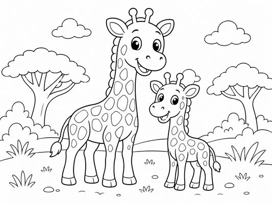 Ausmalbild: Giraffenmama und ihr Kind