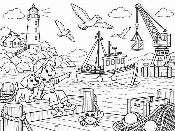 Ausmalbild: Im Hafen