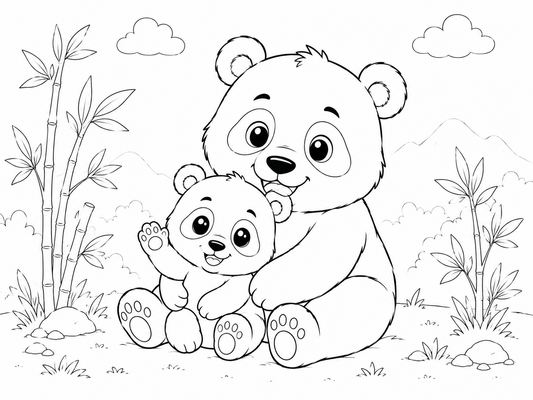 Ausmalbild: Der Pandabär und sein Baby
