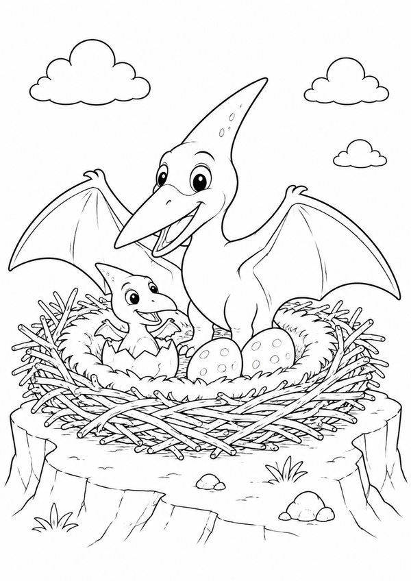 Ausmalbild: Der Pteranodon und sein Küken