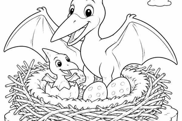 Ausmalbild: Der Pteranodon und sein Küken