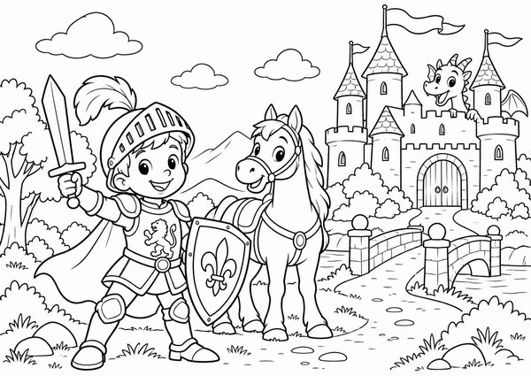 Ausmalbild: Der Ritter und sein Pferd