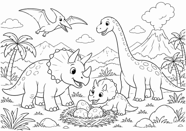Ausmalbild: Die Triceratops-Familie am Nest