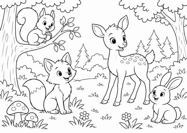 Ausmalbild: Die Tiere im Wald