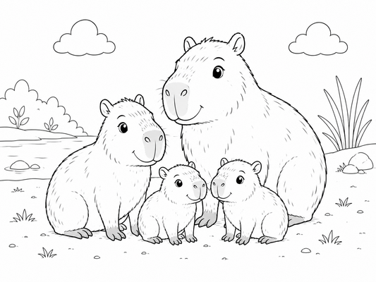 Ausmalbild: Die Wasserschwein-Familie
