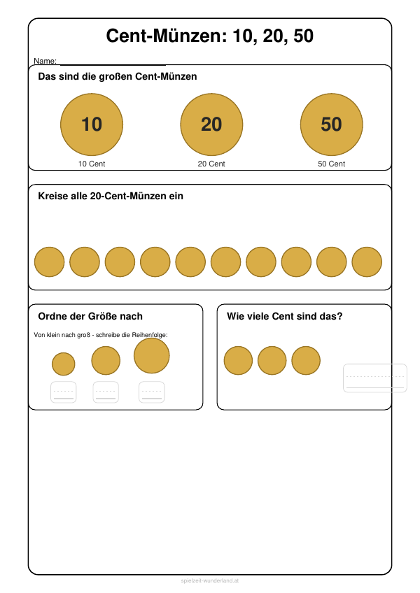 Lernblatt: Cent-Münzen 10, 20, 50