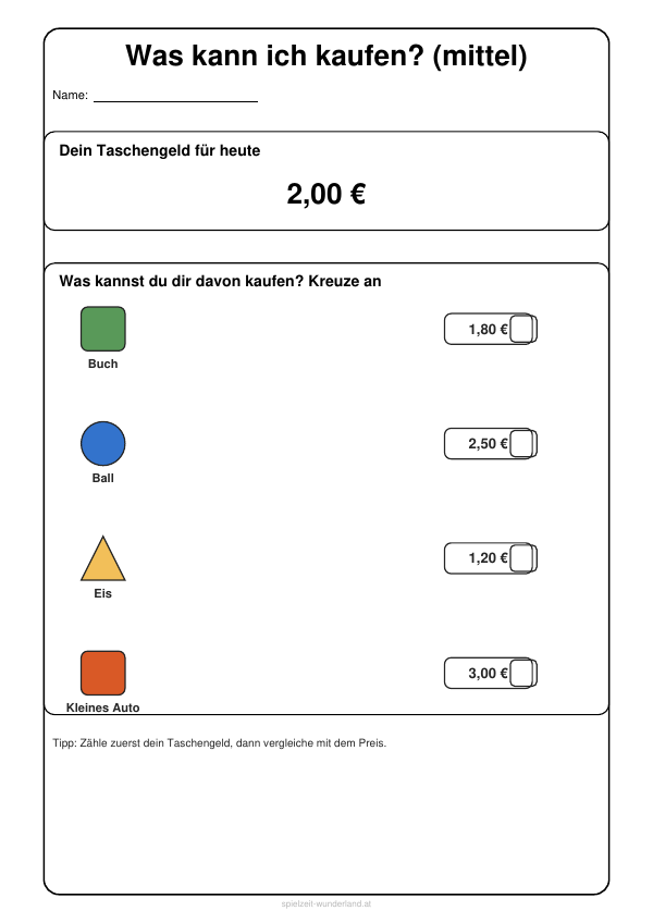 Lernblatt: Was kann ich kaufen? (mittel)