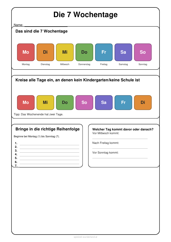Lernblatt: Die 7 Wochentage